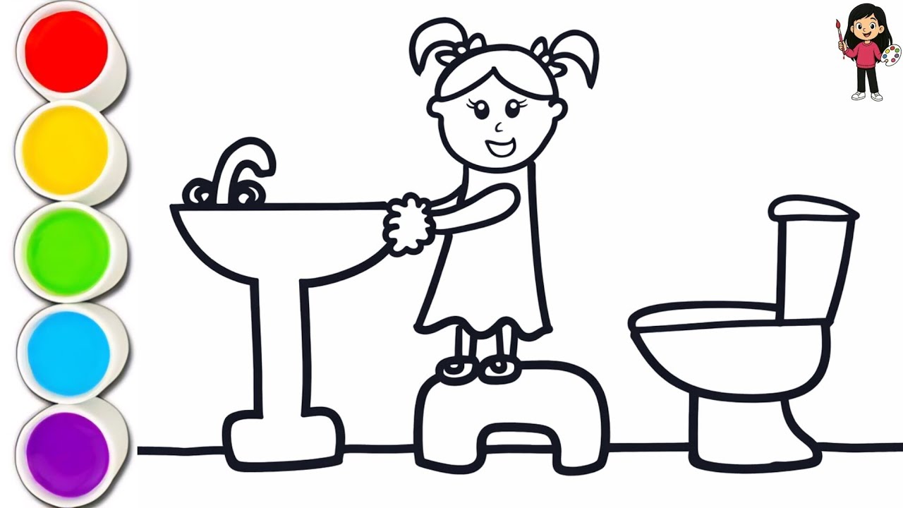 Рисование и раскрашивание девочки, моющей руки 👧🧼💦🚽🌈 | Простой рисунок для детей