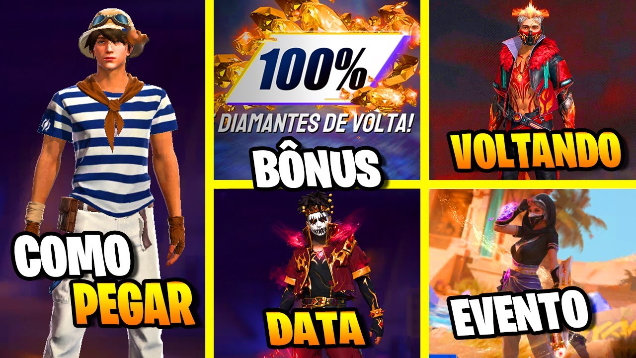 BÔNUS 100%, NOVO AVENTUREIRO GRÁTIS, VOLTA SKIN EVOLUTIVA, EVENTO CAÇA AO TESOURO, NOVIDADES FF