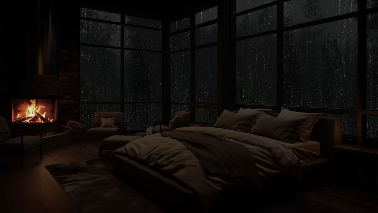 Chuva na floresta tropical em cabana aconchegante com lareira | Sons naturais de chuva