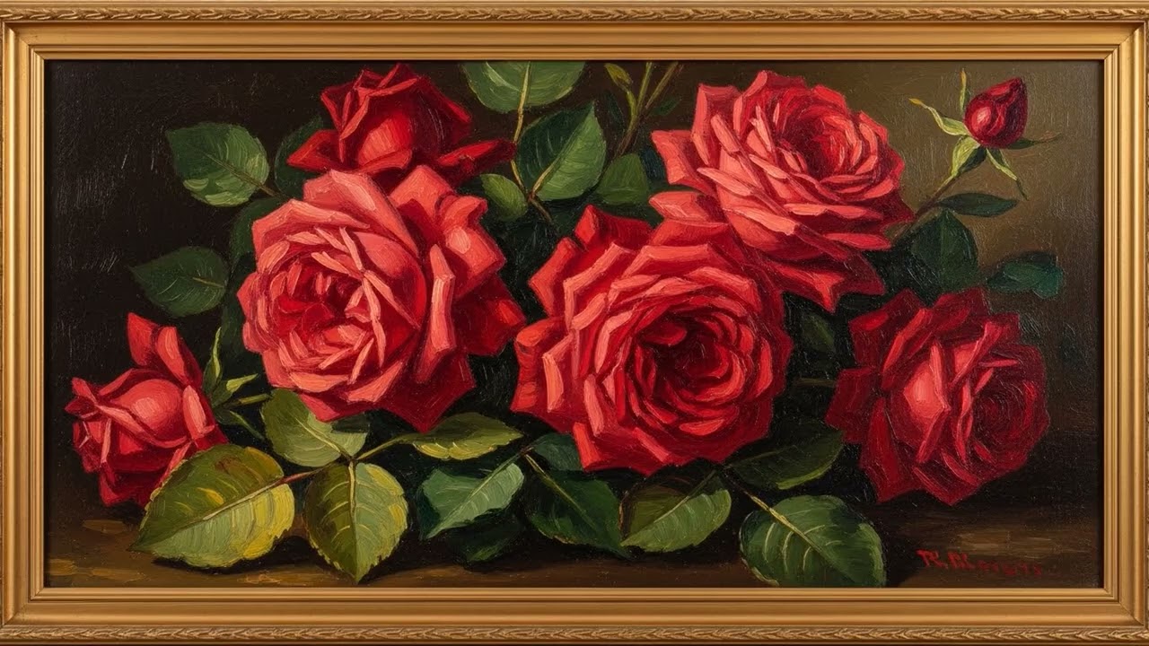 Colorful Roses Vintage Oil Painted V SCREEN | Gold Frame TV Art | Art Screensaver for TV 3 Hrs