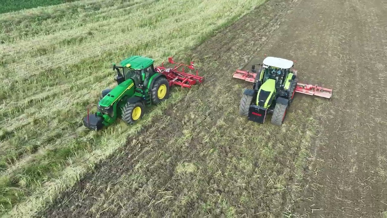 Préparation des terres //herse de 8M et décompacteur de 5M //John Deere 370 et Claas 920
