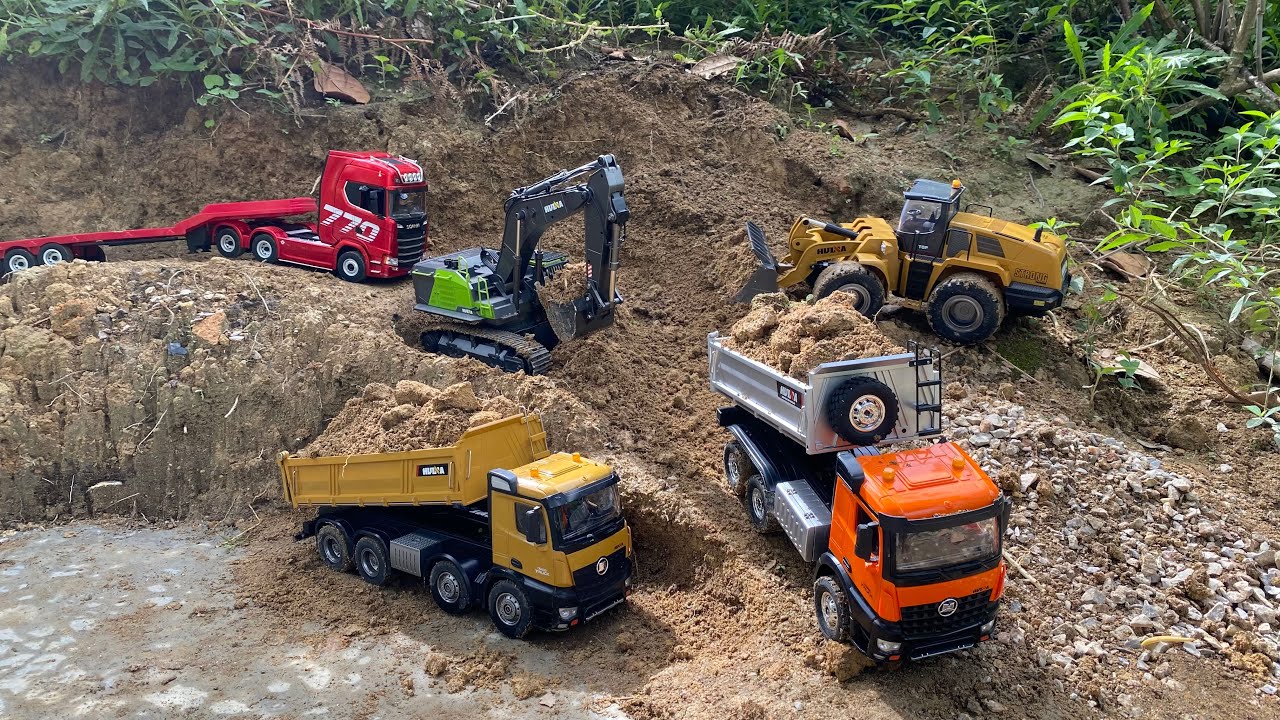 Aksi #82 Dump Truk RC Huina 1598, Huina 1536 Muatan Tanah Merah Bangunan Excavator Besar Huina 1593 