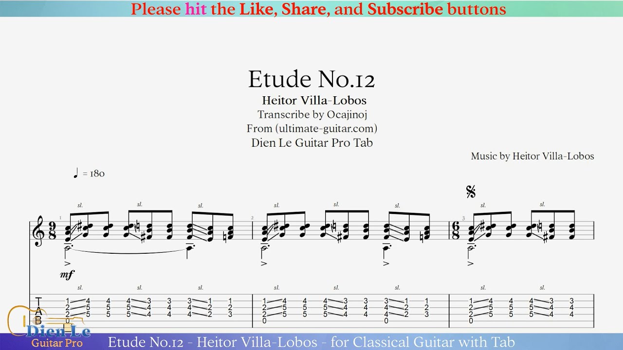 Etude No.12 - Heitor Villa-Lobos - for Classical Guitar with Tab