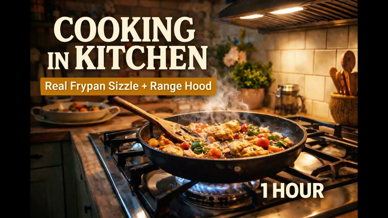 Cooking in Kitchen White Noise 1 Hour | Real Frypan Sizzle + Range Hood Hum
