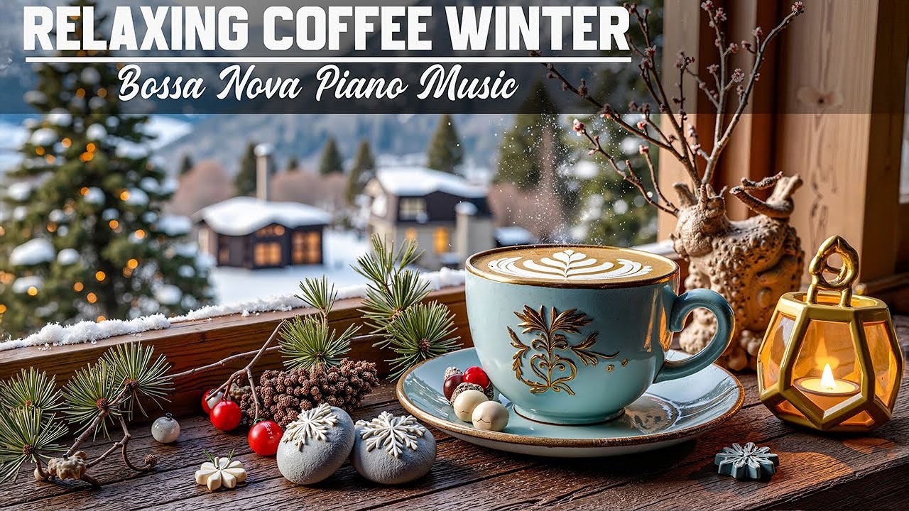 Relaxing Winter Coffee Scene 4K ☕ Snowy Mountain Chalet & Warm Candlelight
