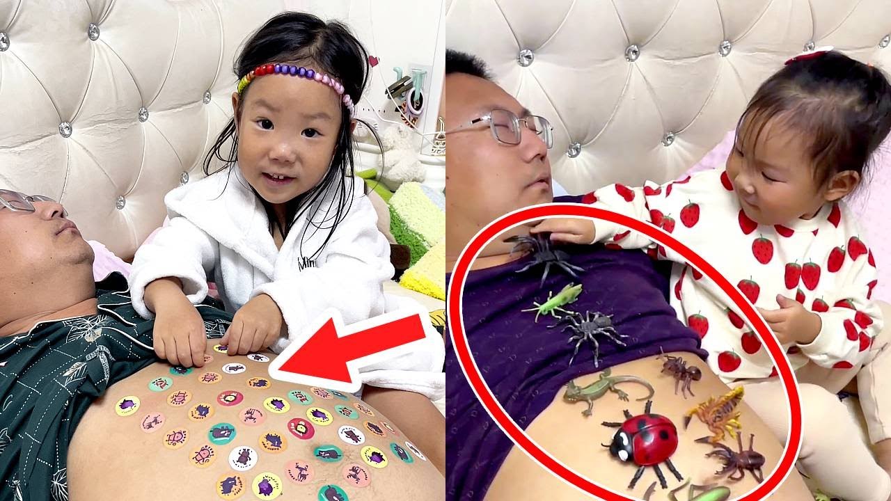 女兒在爸爸的肚皮上貼貼紙，在用昆蟲玩具嚇唬爸爸，太好玩了  #最暖親子陪伴 #男人帶娃系列 #爹帶娃 #在家陪娃日常