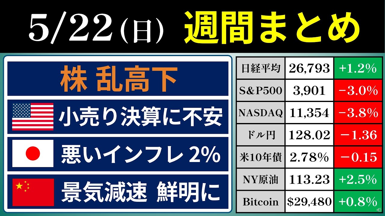 週間まとめ　米国株乱高下／米小売決算が不振／日本2%インフレ（2022/5/22）