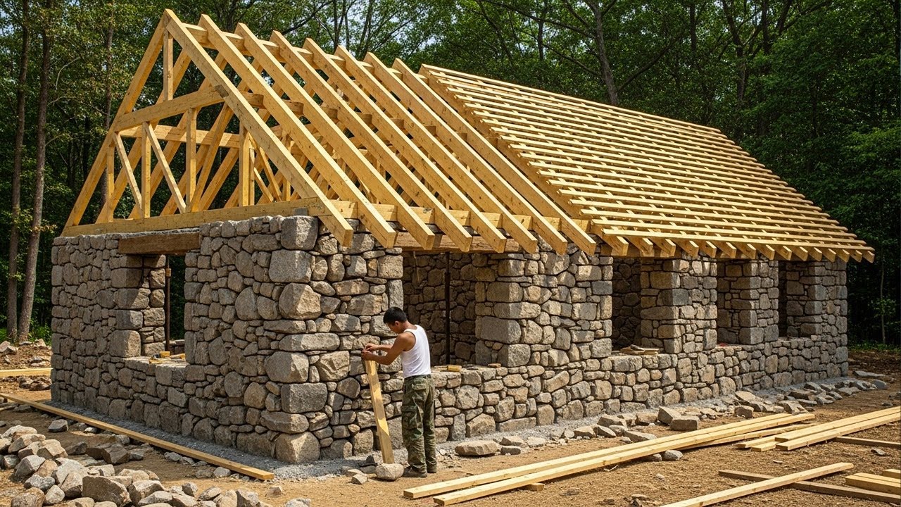CEO builds house alone in the forest - The perfect combination of stone and wood