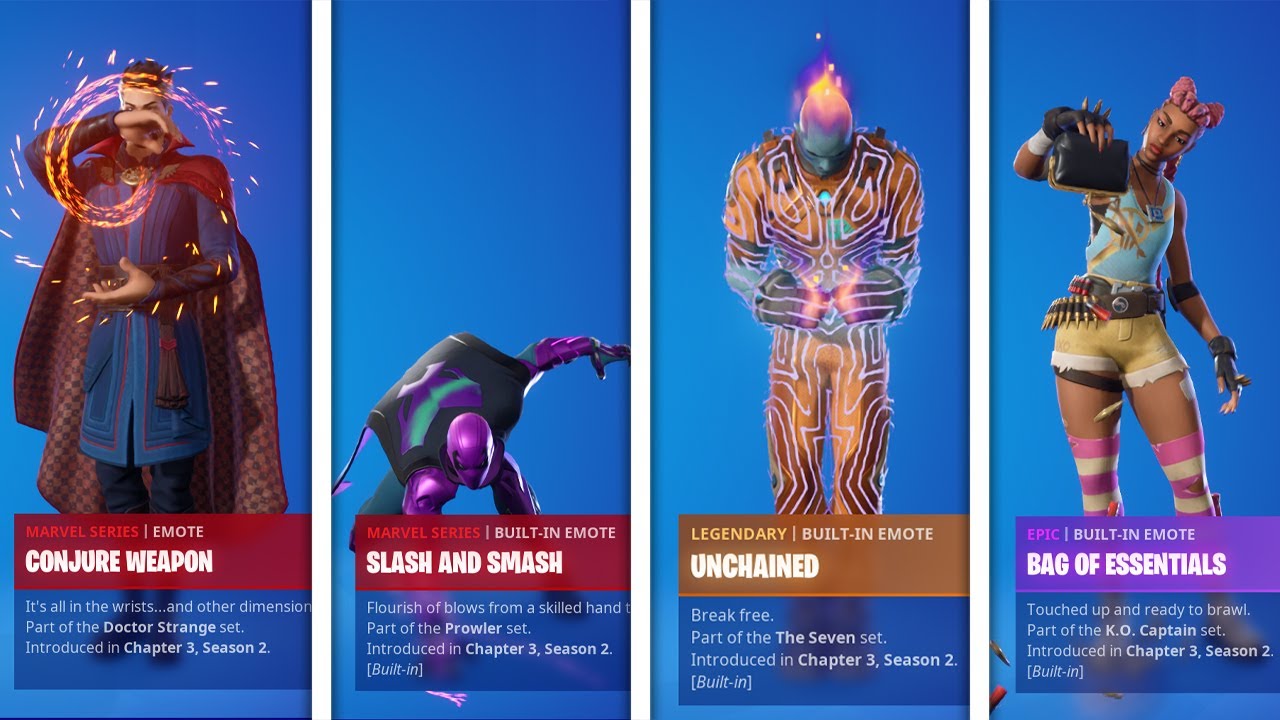 *NEW* All Fortnite Chapter 3 Season 2 Leaked emotes (CONJURE WEAPON,SLASH AND SMASH,UNCHAINED,...)