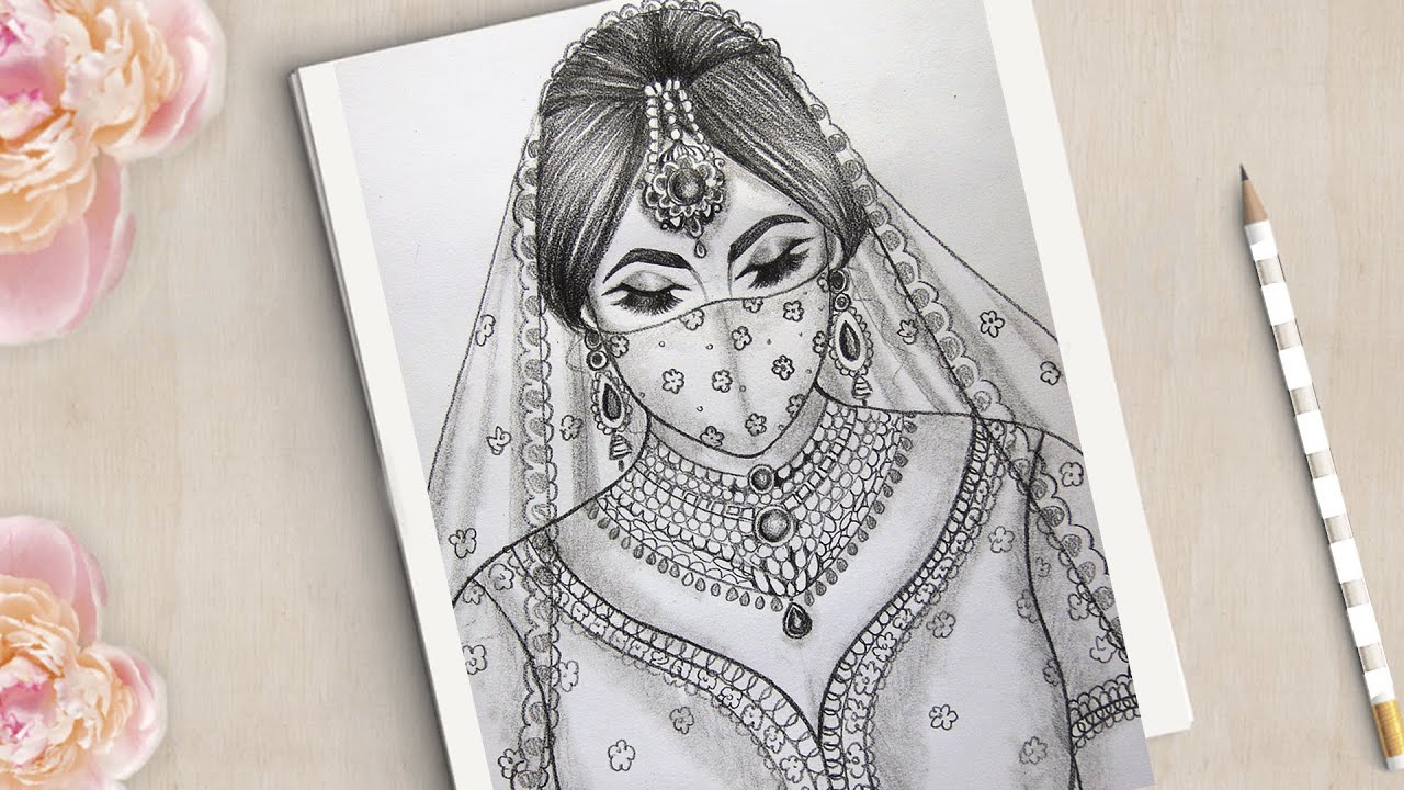 How to draw a Traditional Bride with mask Easy || Beautiful Bride Drawing || Pencil Sketch