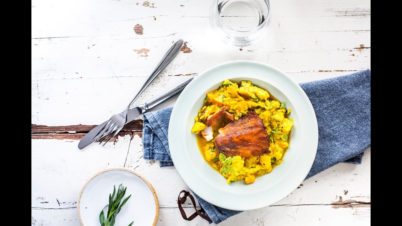 Grilled fish with lentil curry