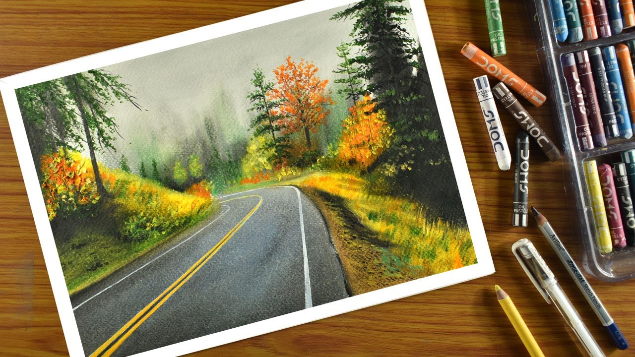 Oil pastel drawing road scenery / how to draw a beautiful lonely forest road with oil pastel