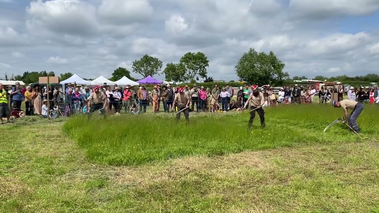 Our visitors from the Netherlands demonstrating their team mowing - Green Scythe Fair 2024