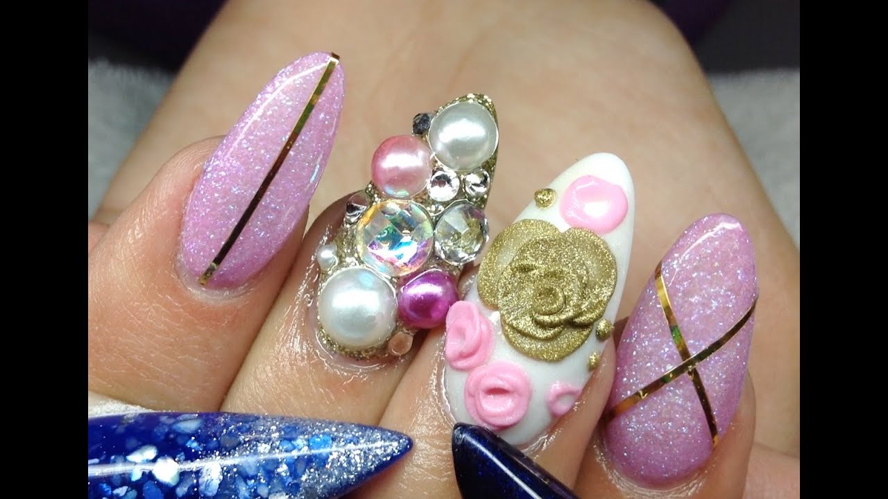 How to Pink And Gold Nails With Crystals And Pearls