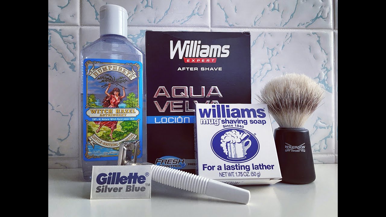 Williams Mug Shaving Soap u. Aqua Velva, Gillette Slim Twist u. Silver Blue u. Humphreys Witch Hazel