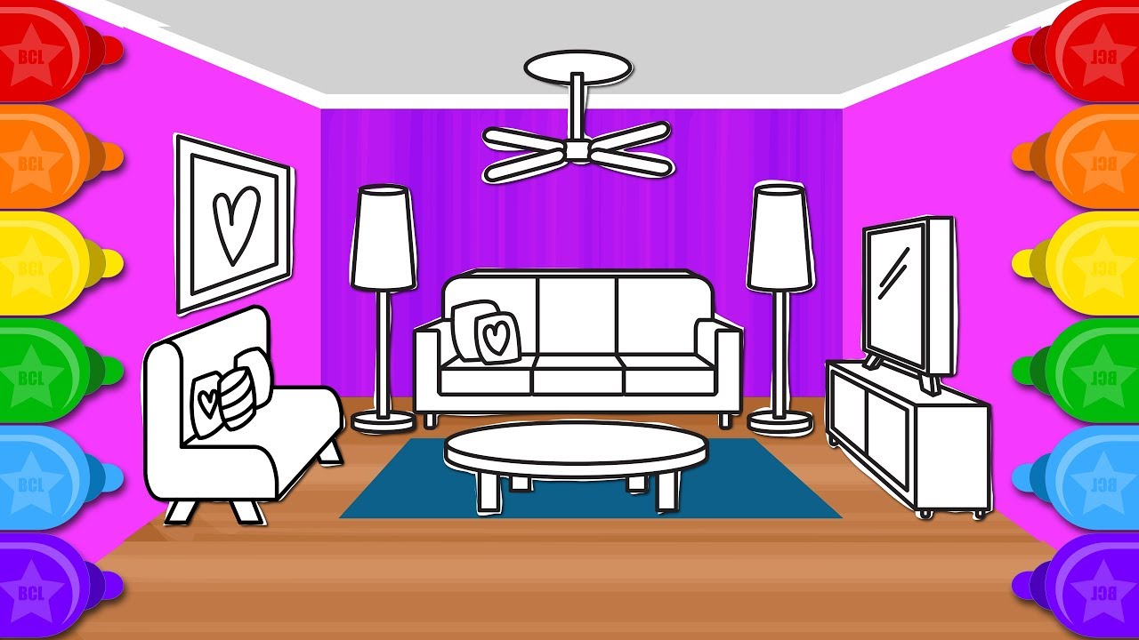 Раскраска и рисование гостиной дома для детей Learn Colouring Coloring
