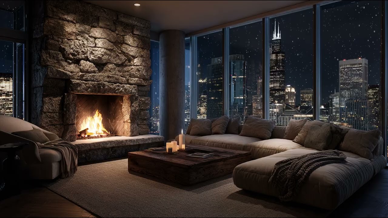 Midnight NYC Skyline 🔥 Cozy Penthouse Fireplace Ambience | City Night View | 3 Hours (4K)
