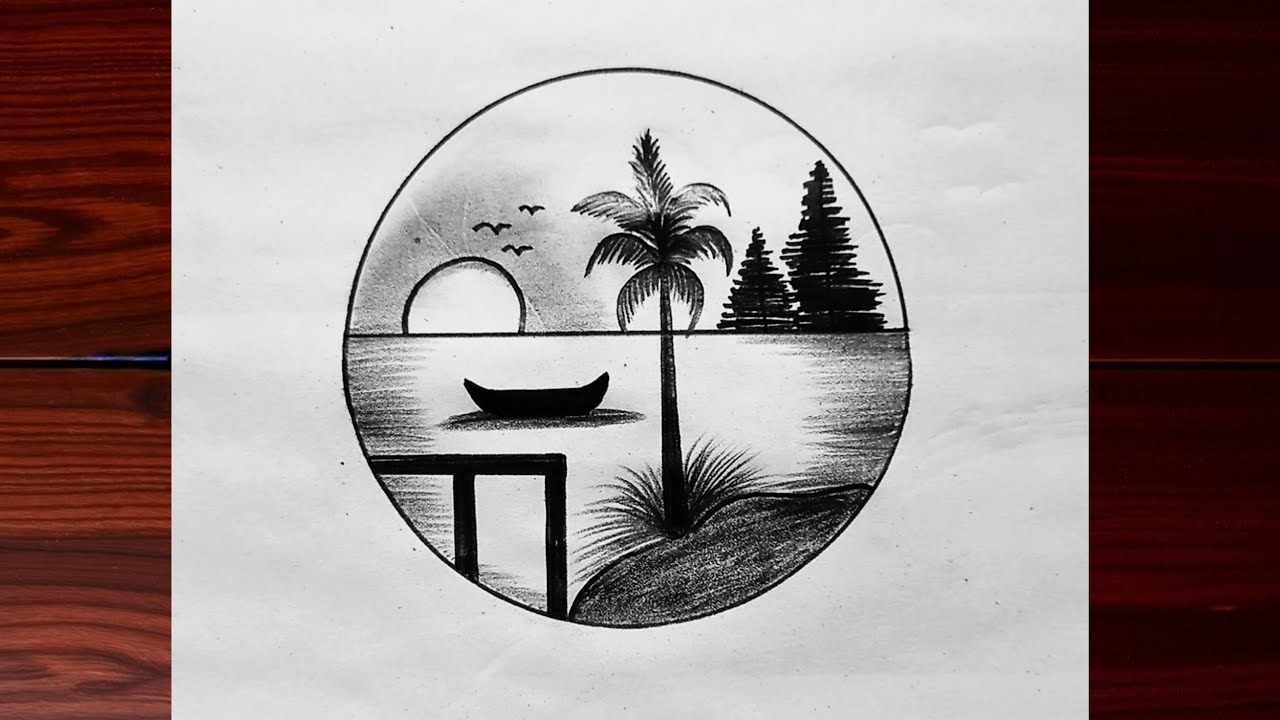 Easy Sunset Scenery in Circle || How to Draw a Pencil Sketch || Step by Step Pencil Drawing Tutorial