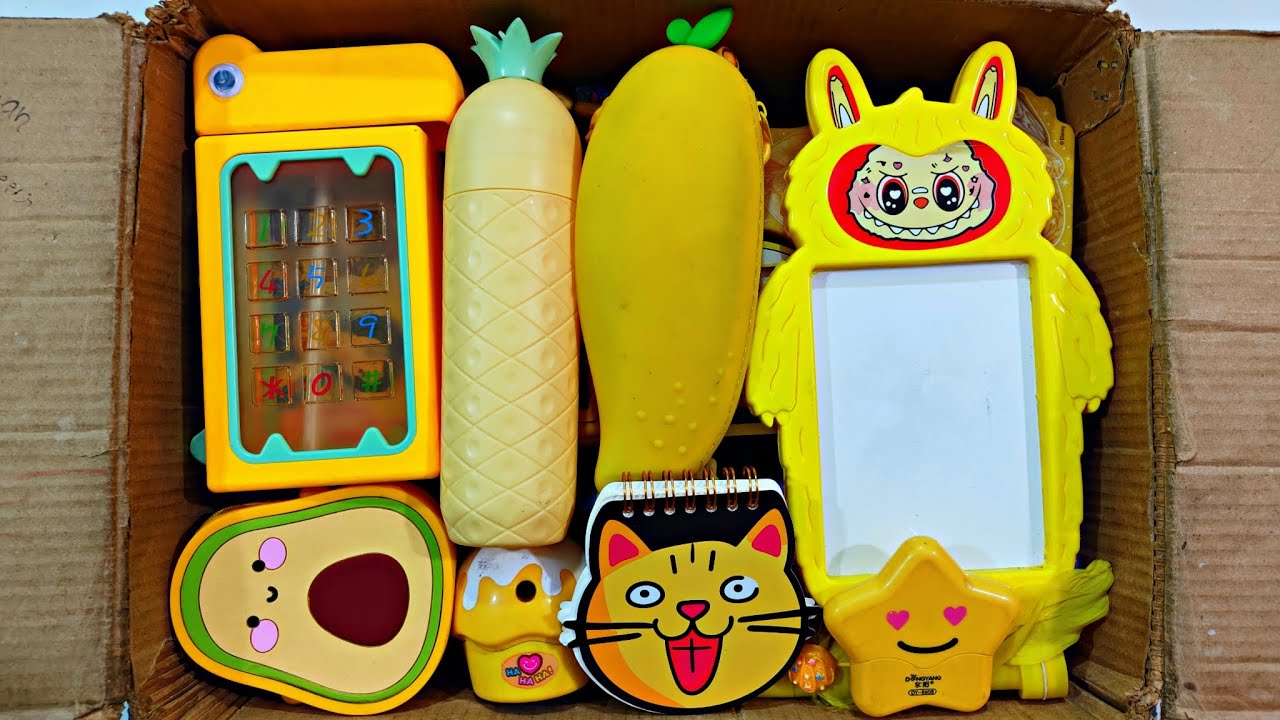 Unboxing Yellow Stationery 📚, Water bottle, Pencil case, Writing board, Diary, Pouch, Sharpener, Pen