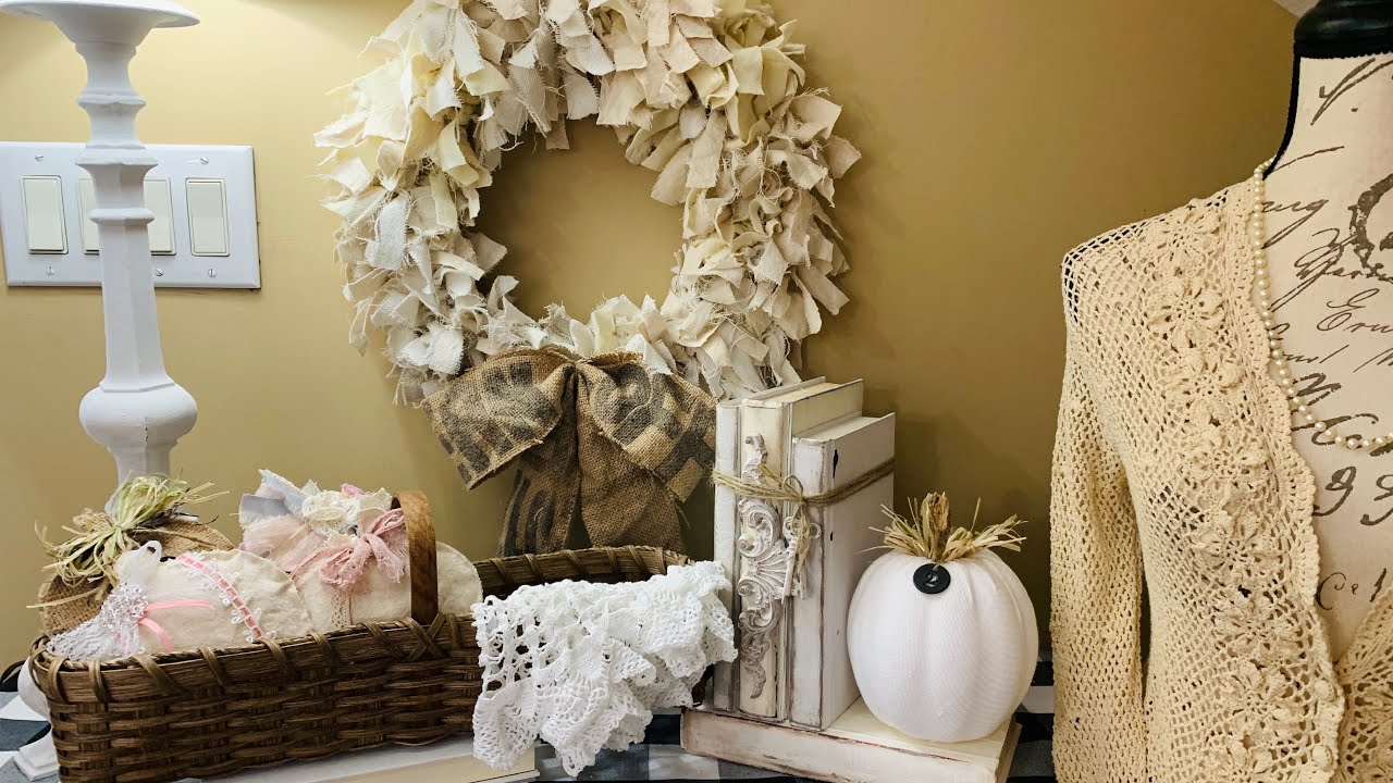 FALL INSPIRATION & IDEAS! DIY SHABBY CHIC FARMHOUSE RAG WREATH & FABRIC EMBELLISHED PUMPKINS (178)