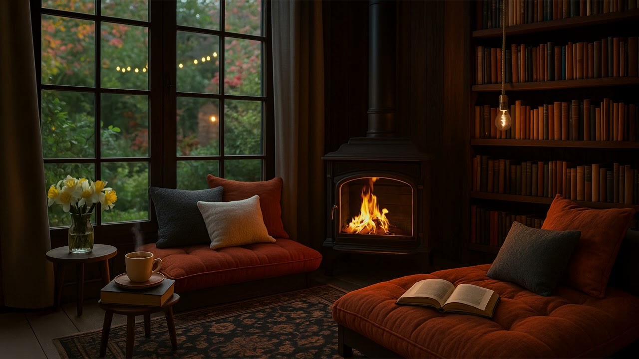 Cozy Home Library Fireplace Ambience | Relaxing Reading Nook by the Fire