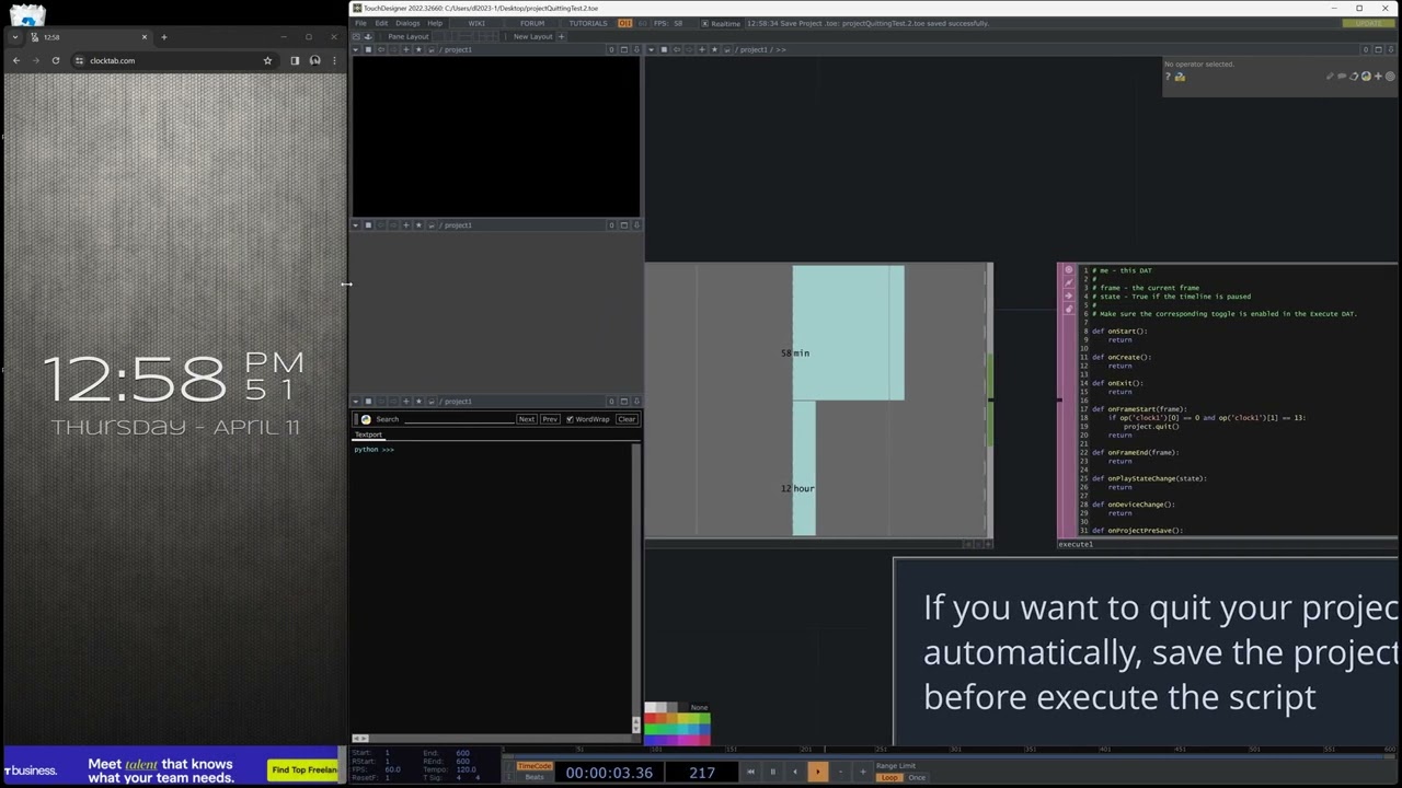 Saving & Quitting the project automatically when exhibition with Execute DAT in TouchDesigner