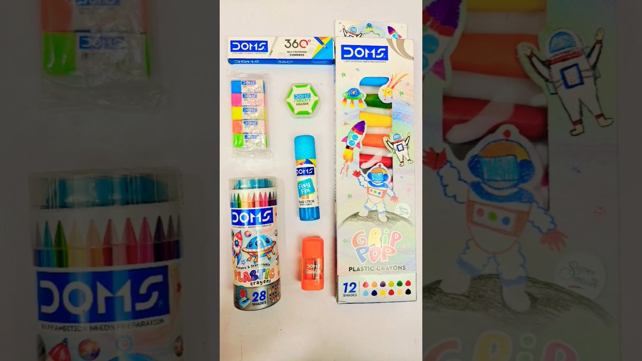 New cool doms stationery collection 📚 plastic crayons, glue, eraser, campass #schoolsupplies #doms