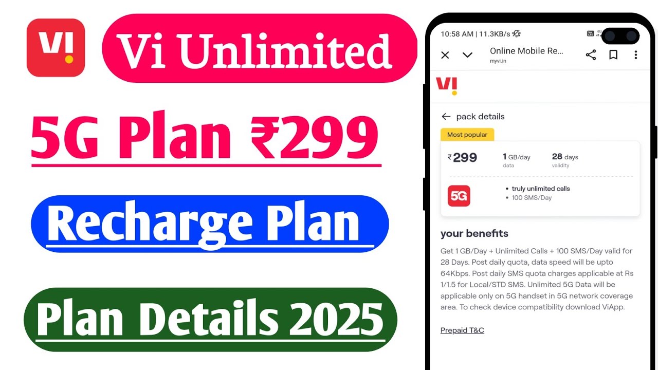 VI Unlimited Recharge Plans Rs 299 Velidity 28 Days Full Details 