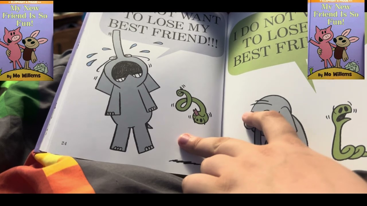 sibling playtime reads book “￼My New Friend Is So Fun!” By Mo Willems