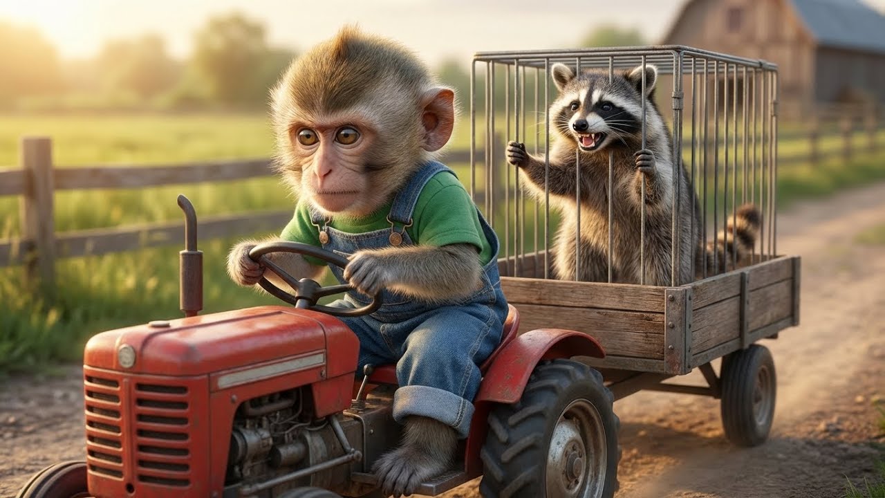 Baby Monkey Catches the Farm Troublemaker! Raccoon Locked in the Cage 🐒🚜🦝