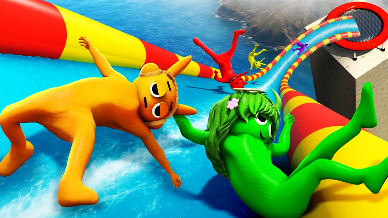 Incredibox Sprunki Group Water Slide Ragdolling and Trampoline Jumping in GTA 5