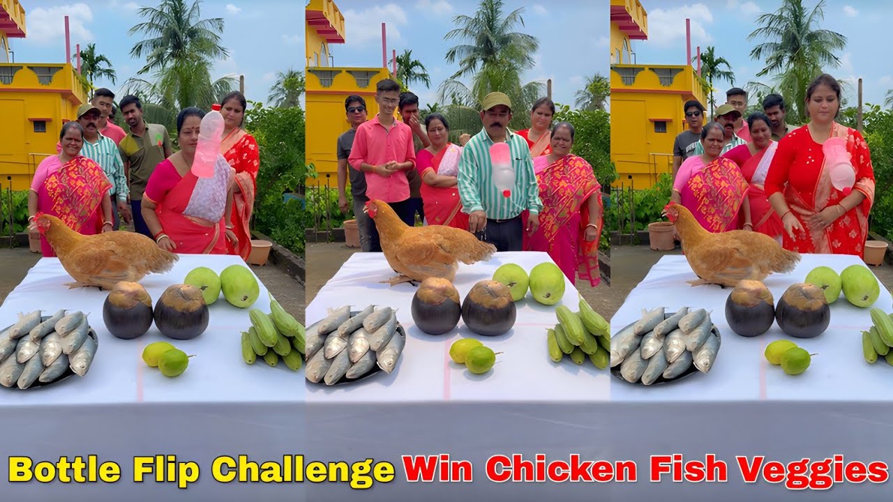 Bottle Flip Challenge Win Chicken Fish Veggies 🔥| বোতল উল্টানোর চ্যালেঞ্জ 😛/ SK Challenge Video