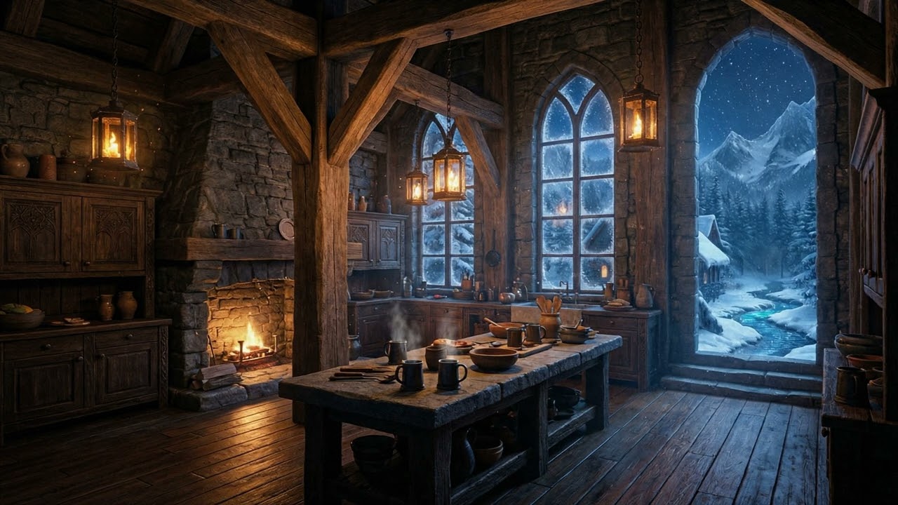 Cozy Medieval Kitchen at Night | Fireplace & Heavy Snowfall Ambience