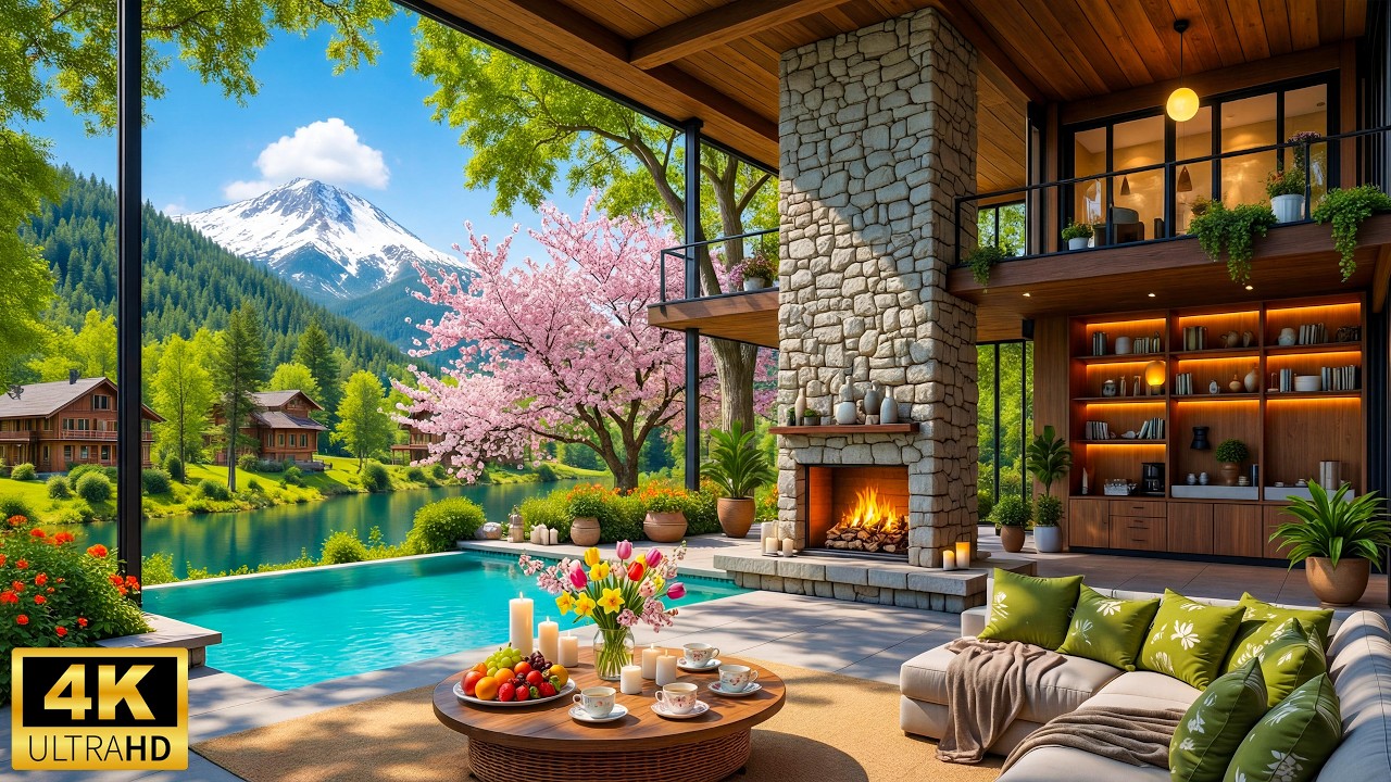 Relaxing Piano Music with Bird Singing & Warm Fireplace Sounds 🌺 Spring Morning Ambience for Sleep
