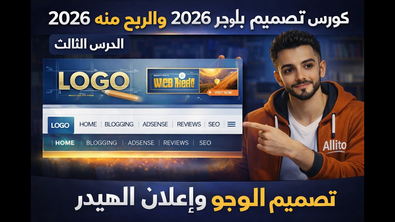 كورس تصميم قالب بلوجر احترافي 2026 والرلبح منه | الدرس الثالث اللوجو واعلان الهيدر