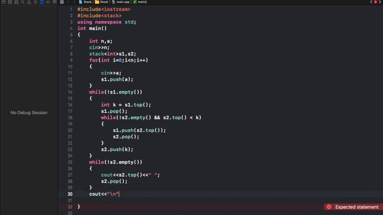 Sort a stack using one temporary stack