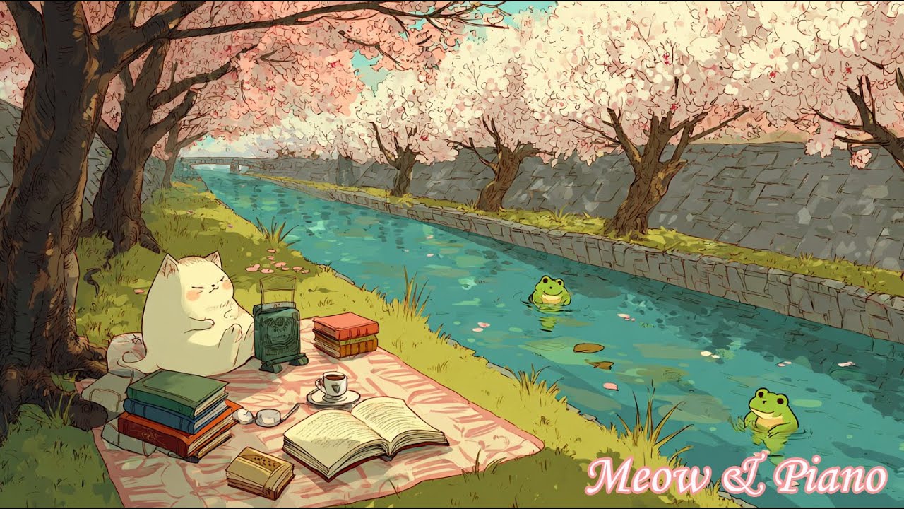 A Cat Reading Under Cherry Blossom by the River | Relaxing Piano Music for Stress Relief