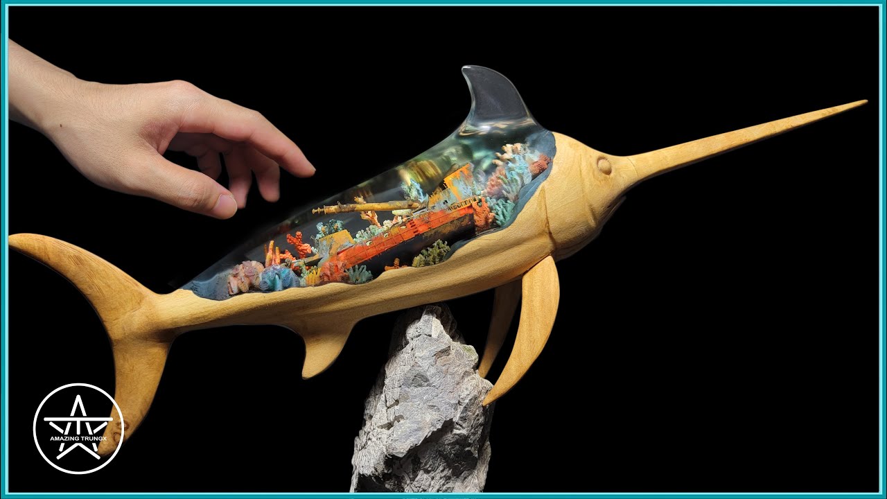 Epic Swordfish Sculpture – DIY Ocean Diorama in Wood, Epoxy Resin & Polymer Clay | AmazingTrungX