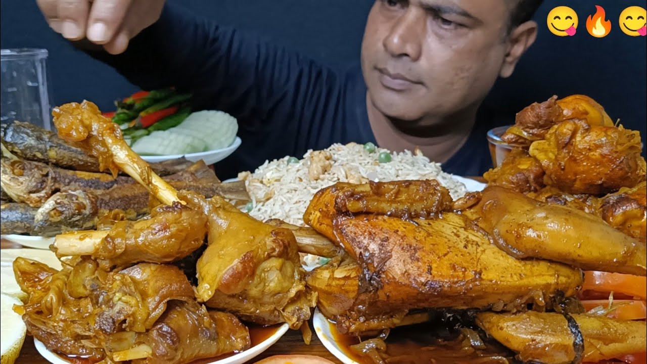 Eating Spicy Mutton Curry | Fish Fry | Chicken Leg Piece | Full Country Chicken | Mixed Fried Rice 😋