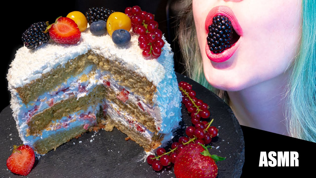 ASMR: 3 LAYER STRAWBERRY COCONUT CAKE | Birthday Cake Big Bites 🍰 ~ Relaxing Eating [No Talking|V] 😻