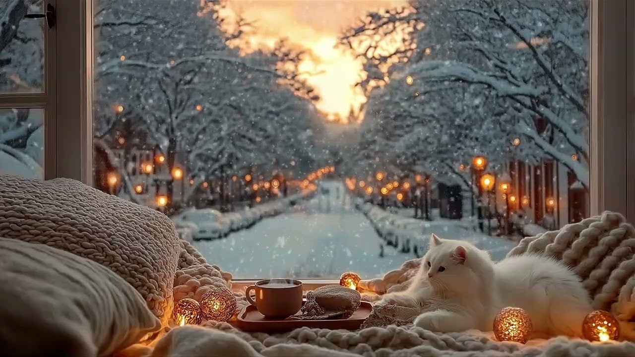 🐱 Winter Piano with White Cat | Cozy Cabin Snow Scene 9 Hours | Deep Relax Focus Study Meditation