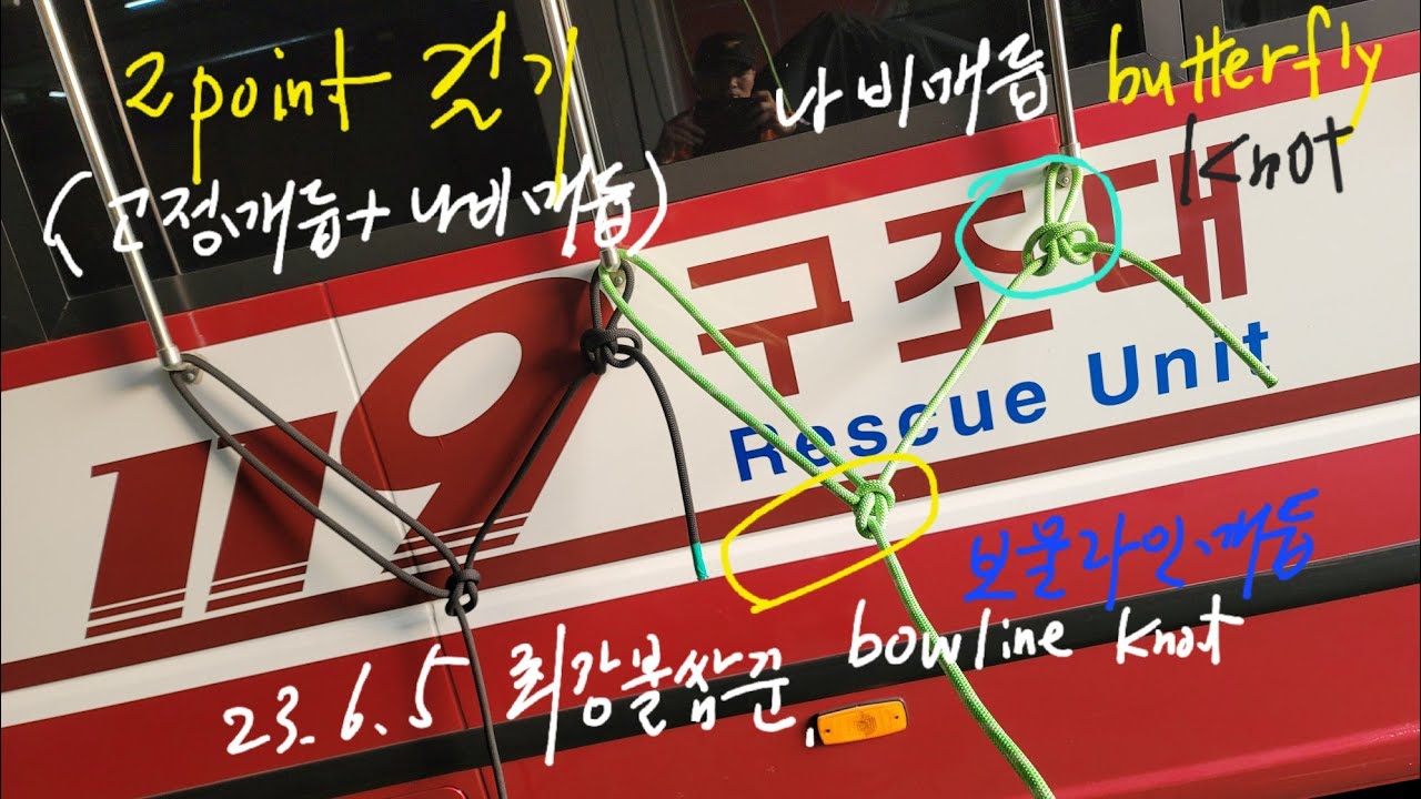 보울라인+나비매듭=2point걸기.bowline knot +butterfly knot=2 point anchor로프매듭rope knot.Y-hang와이행걸기