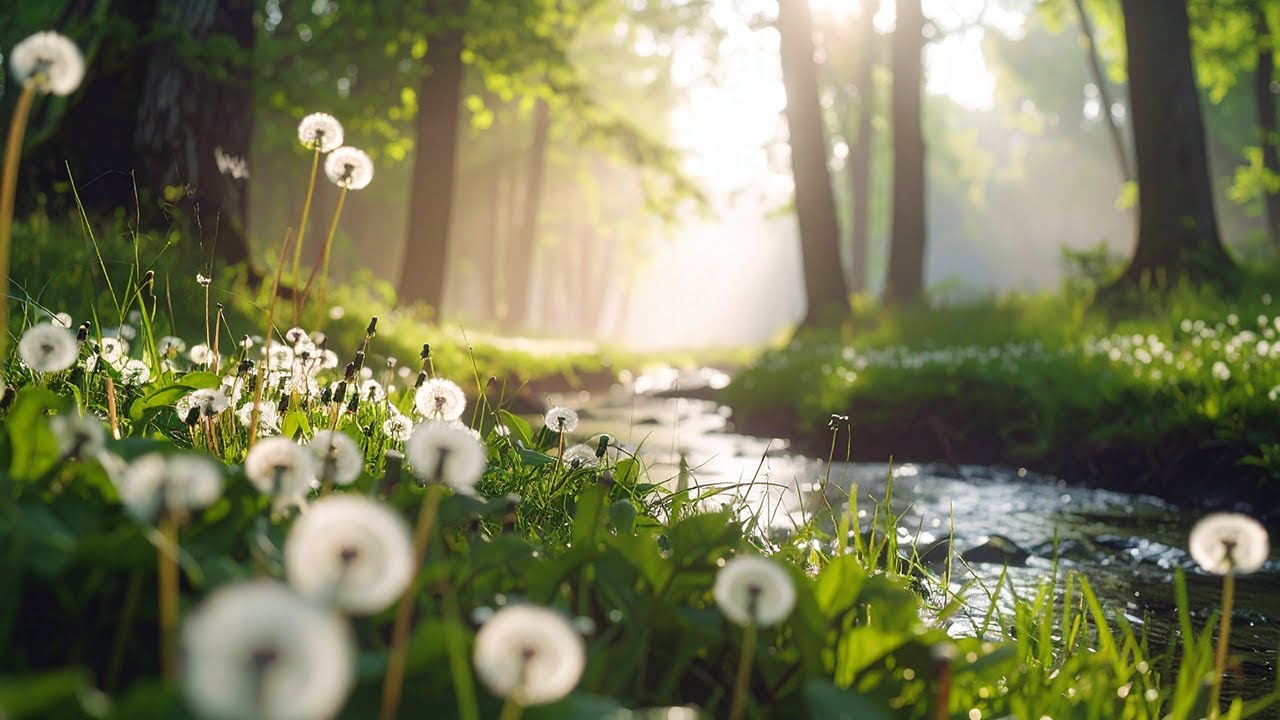 Foggy Forest with Birds, Dandelions & Gentle Stream | Nature Sounds for Relaxation & Restful Sleep
