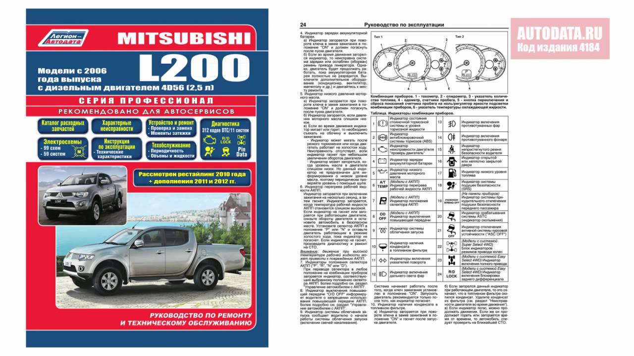 РУКОВОДСТВО / ИНСТРУКЦИЯ Mitsubishi L200. Модели с 2006 года выпуска c двигателем 4D56 (2,5 л DI-D).