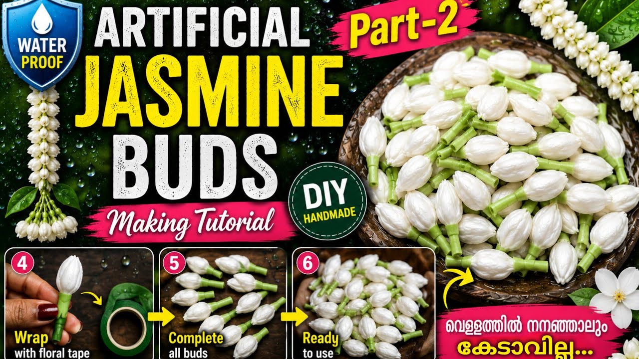 Artificial waterproof jasmine buds part-2 stem making & colouring #vediofeed #jasminebuds