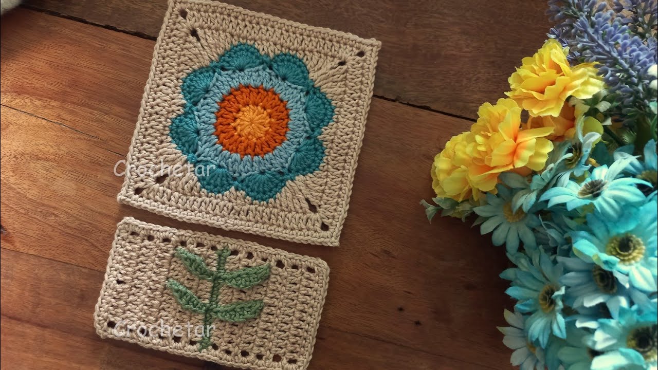 Square Flor Grande e Folhas Scandi crochê (Parte 1) - Professora Maria Rita