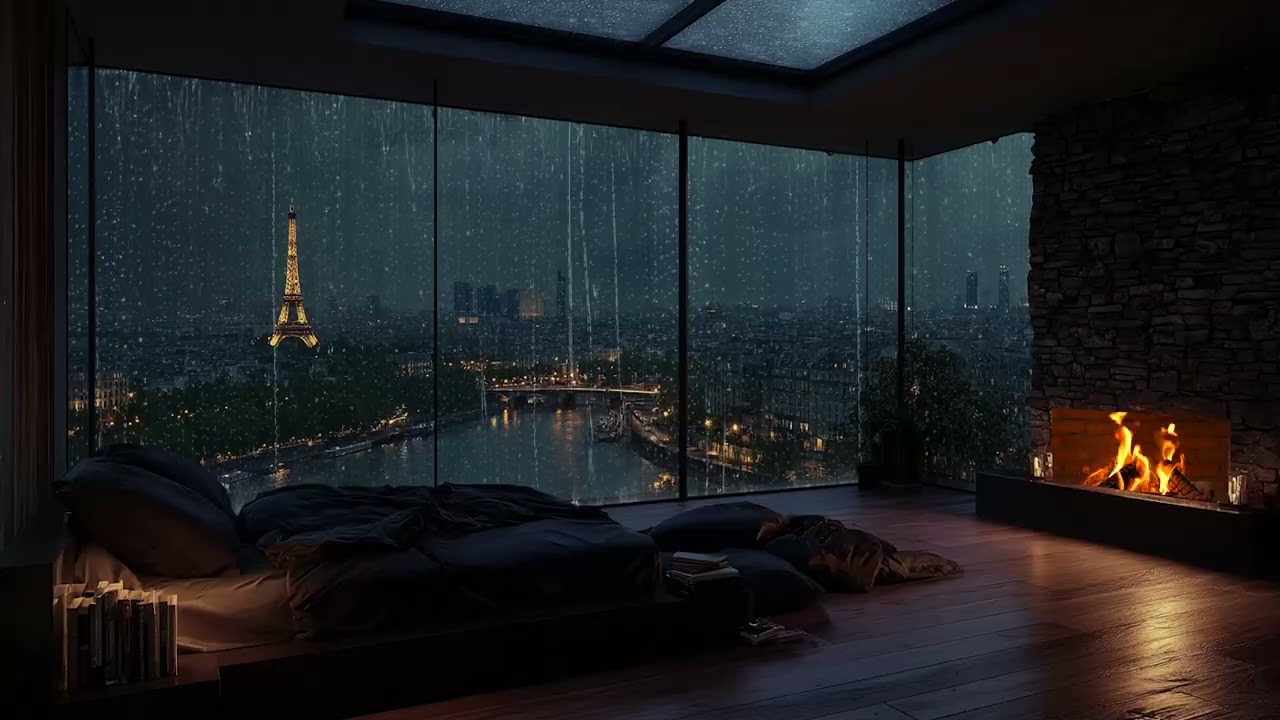 Paris Rainy Night from a Luxury Penthouse 🌧️ Cozy Bedroom, Fireplace Glow for Deep Sleep
