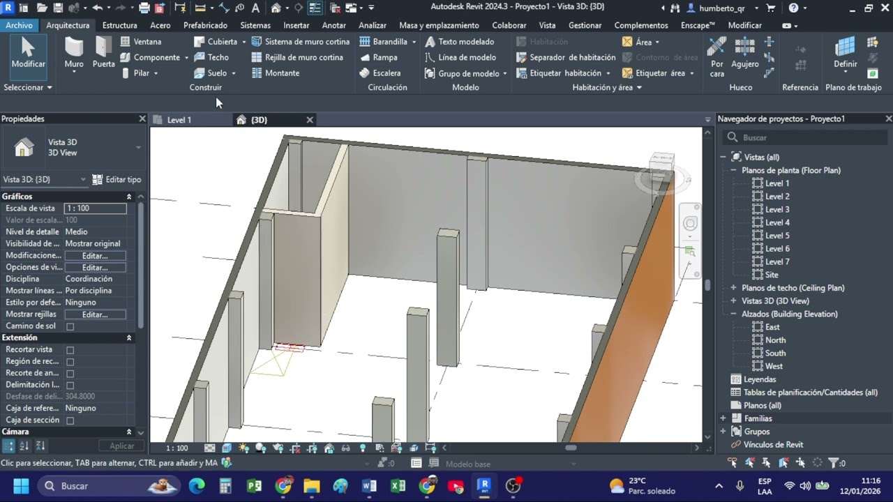 Curso REVIT ARQUITECTURA 2026 | Clase 2: Muros Interiores, Pilares y Accesorios, Baño | @QUINTEROS.H