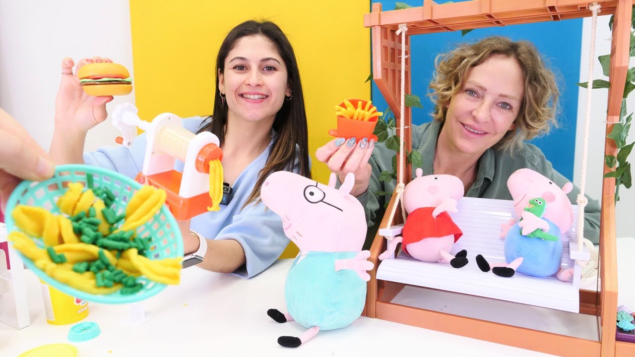 Oyuncak Kafe. Peppa Pig ailesine hamburger yapıyoruz! Çocuk videosu. Yemek yapma oyunu