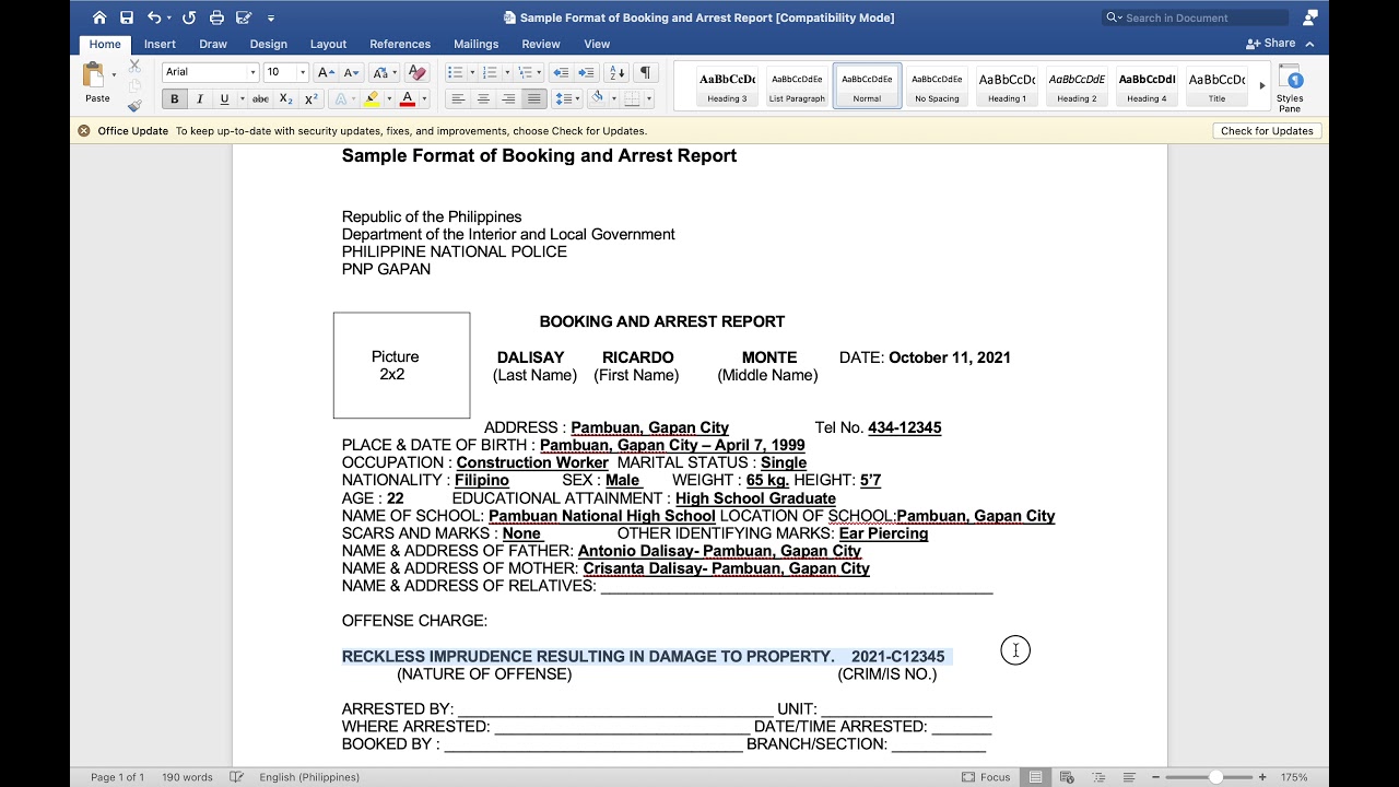 BOOKING AND ARREST REPORT